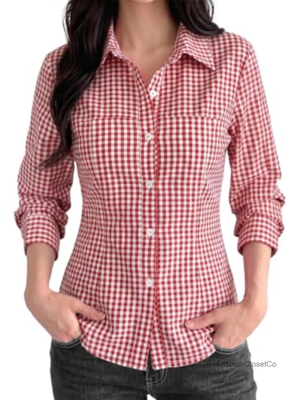 Women's Gingham Button Down Shirt Long Sleeve Tie Back